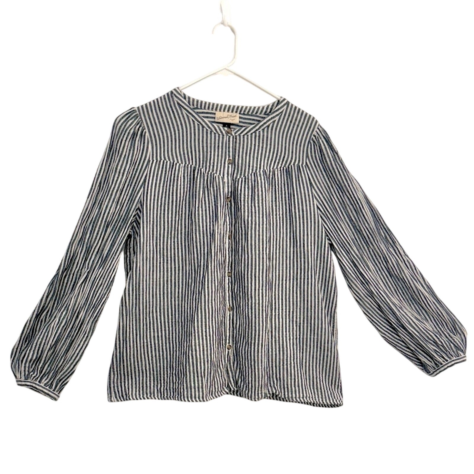 Universal Thread Striped Long Sleeve Button Down Top cotton shirt navy white XL