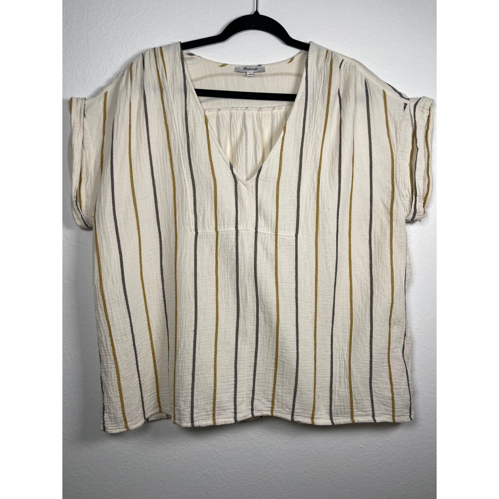 Madewell Women XL Striped Double Gauze VNeck Top Cream Mustard Grey Short Sleeve