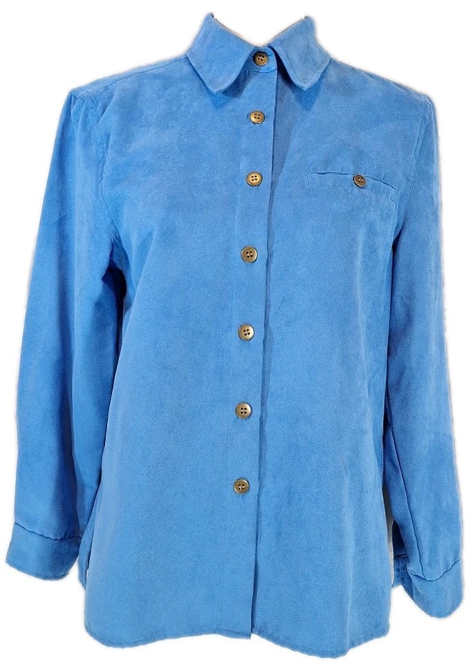 DRAPER’S & DAMON’S PETITES PS Microsuede Button Up Blouse Top Button Pkt Blue
