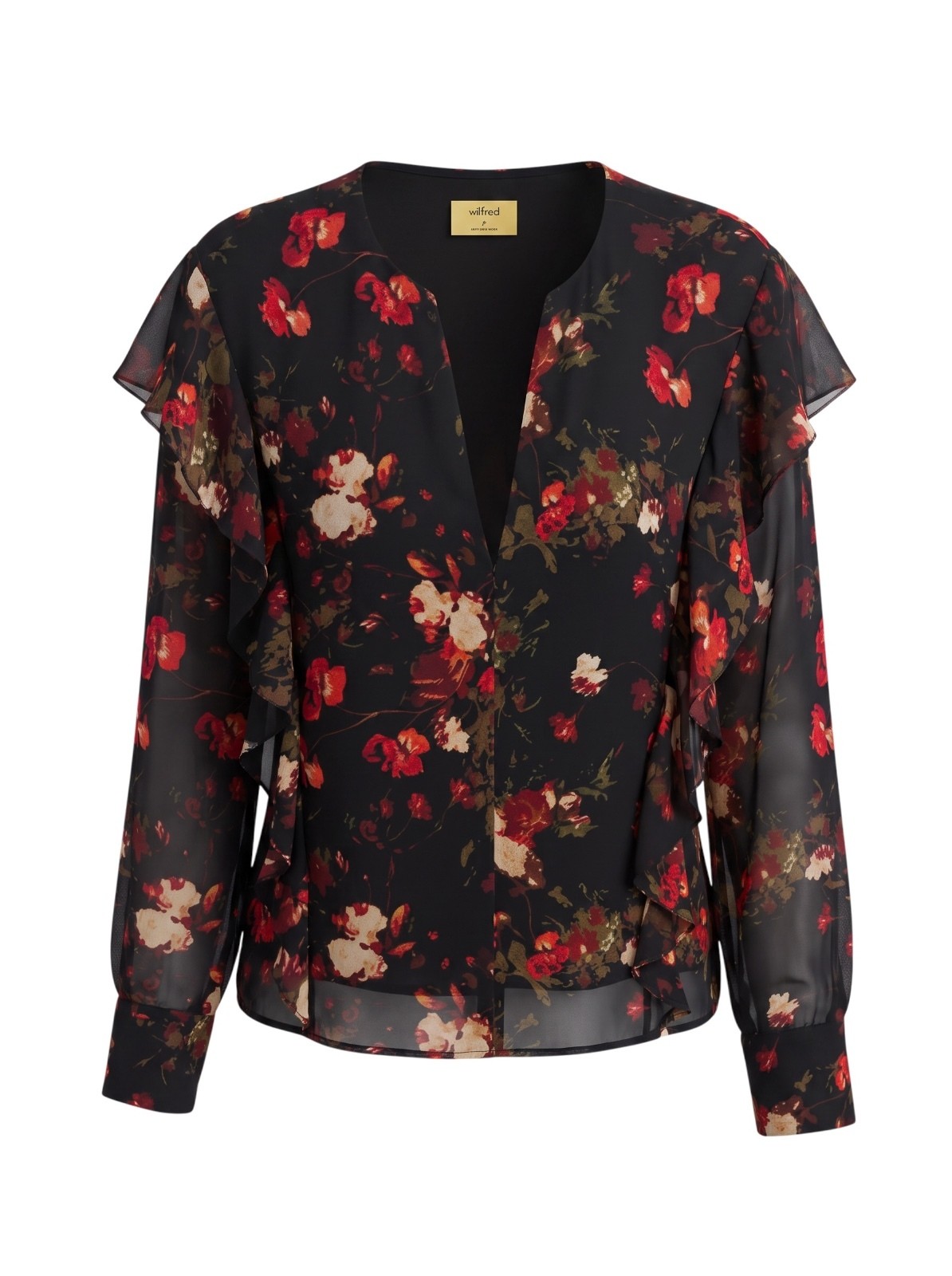 Aritzia Wilfred Lilas Floral Ruffle Blouse V-Neck Chiffon Medium