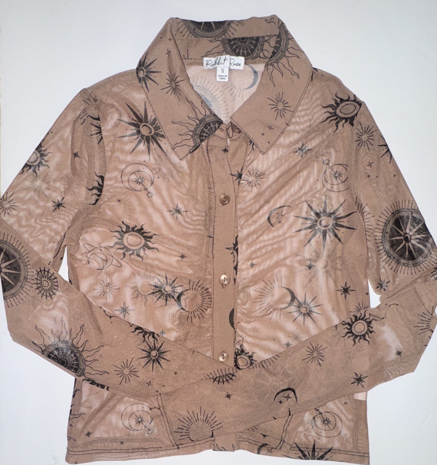 Rabbit Rose Beige Celestial Graphic Print Sheer Mesh Collared Button-Up Blouse S