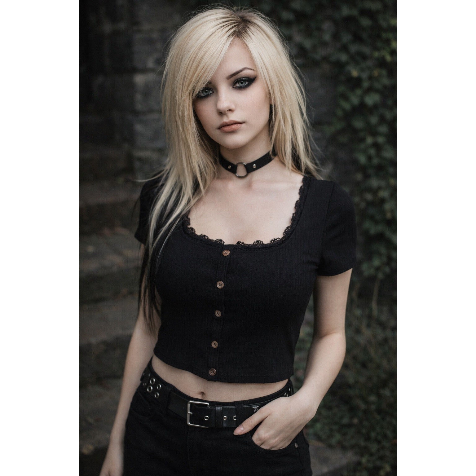 Bozzolo Black Ribbed Button Front Crop Top Lace Trim Size M New