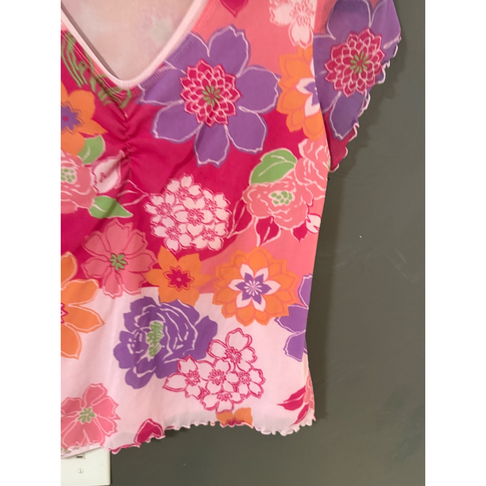 Crazy Horse Pink Floral Mesh Top V-Neck Lettuce Edge Y2k Fairy Blouse Large