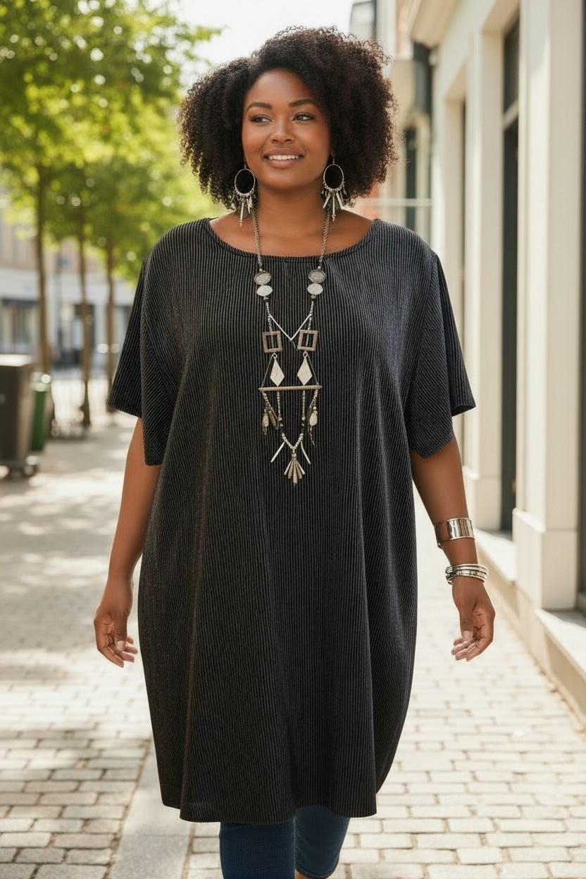 Women’s Charcoal Pinstripe Linen Lagenlook Shift Dress L/XL Boho