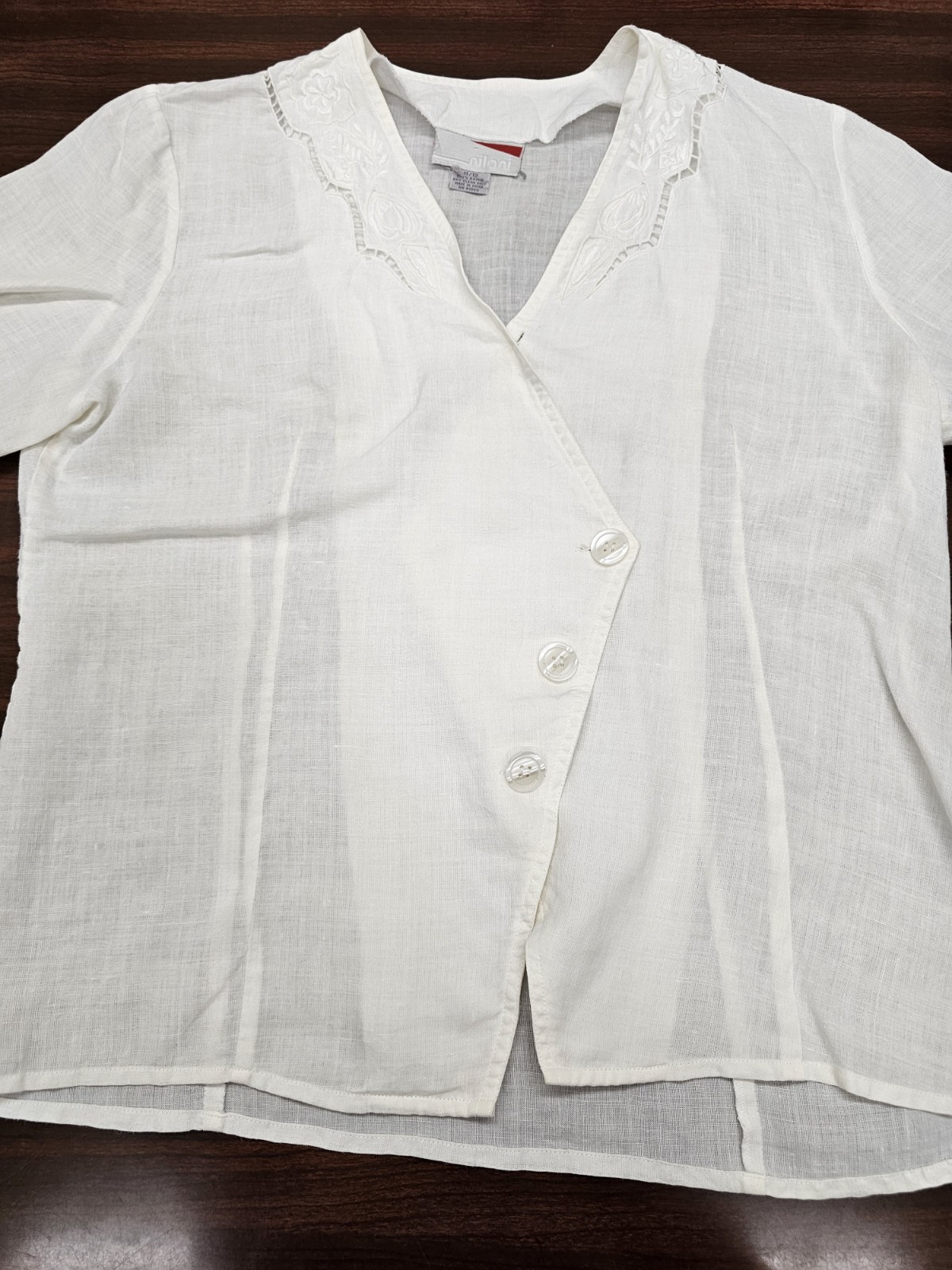 Nilani Women White Blouse Size 11/12 Embroidered Sheer Button Front Asymmetrical