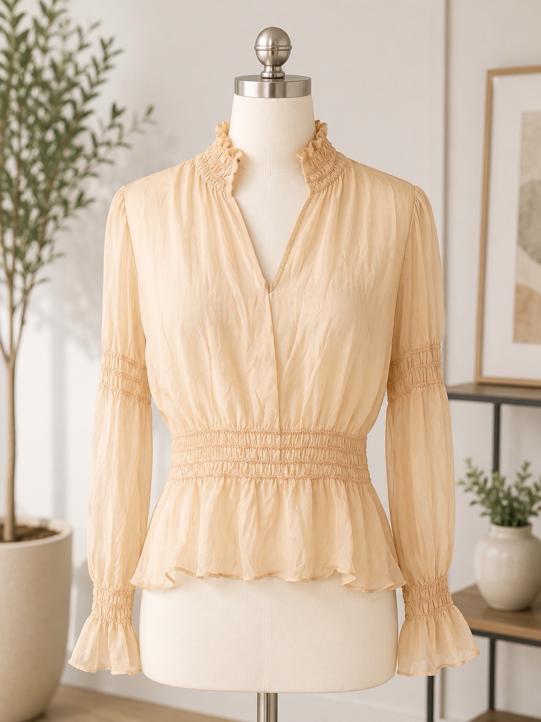 Moda International 100% Silk Smocked Blouse Peach Long Sleeve Boho Top Size S