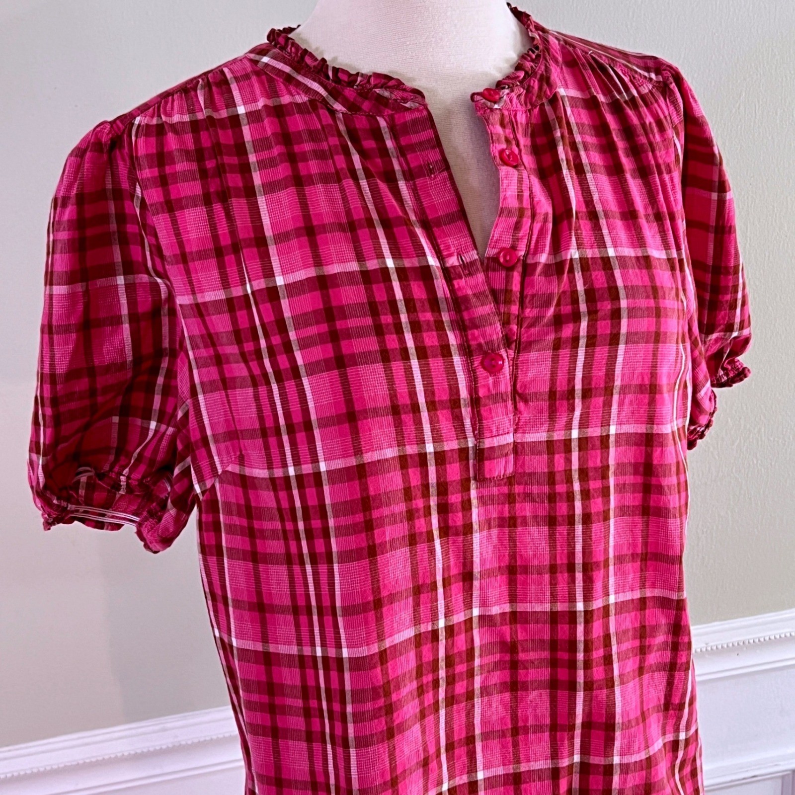 Lascana Plaid Henley Blouse 10 Womens Pink Ruffle Puff Sleeve Cotton Cottagecore