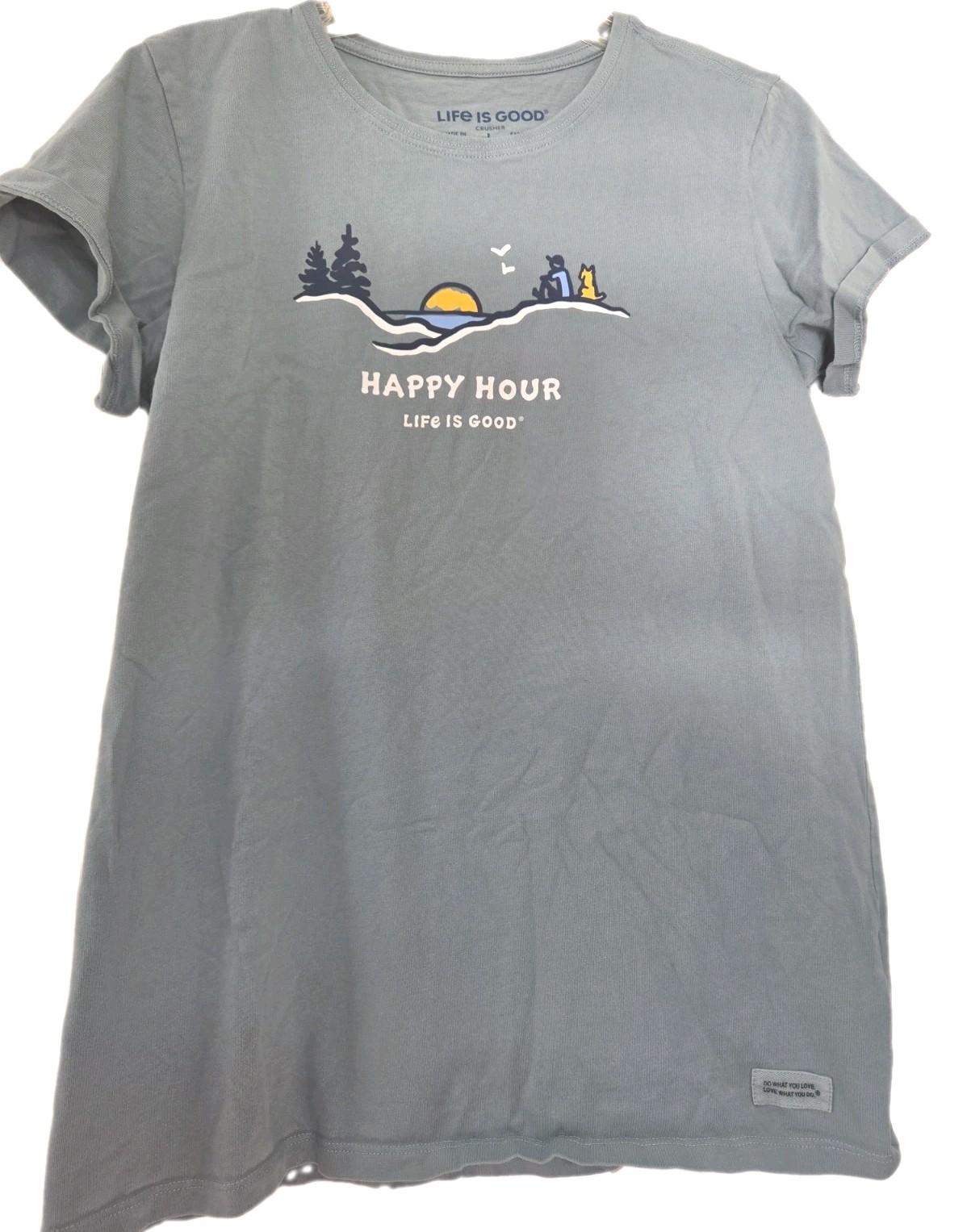 Life is Good Womens Large Happy Hour Blue Crew Neck Tshirt Mountain Scene