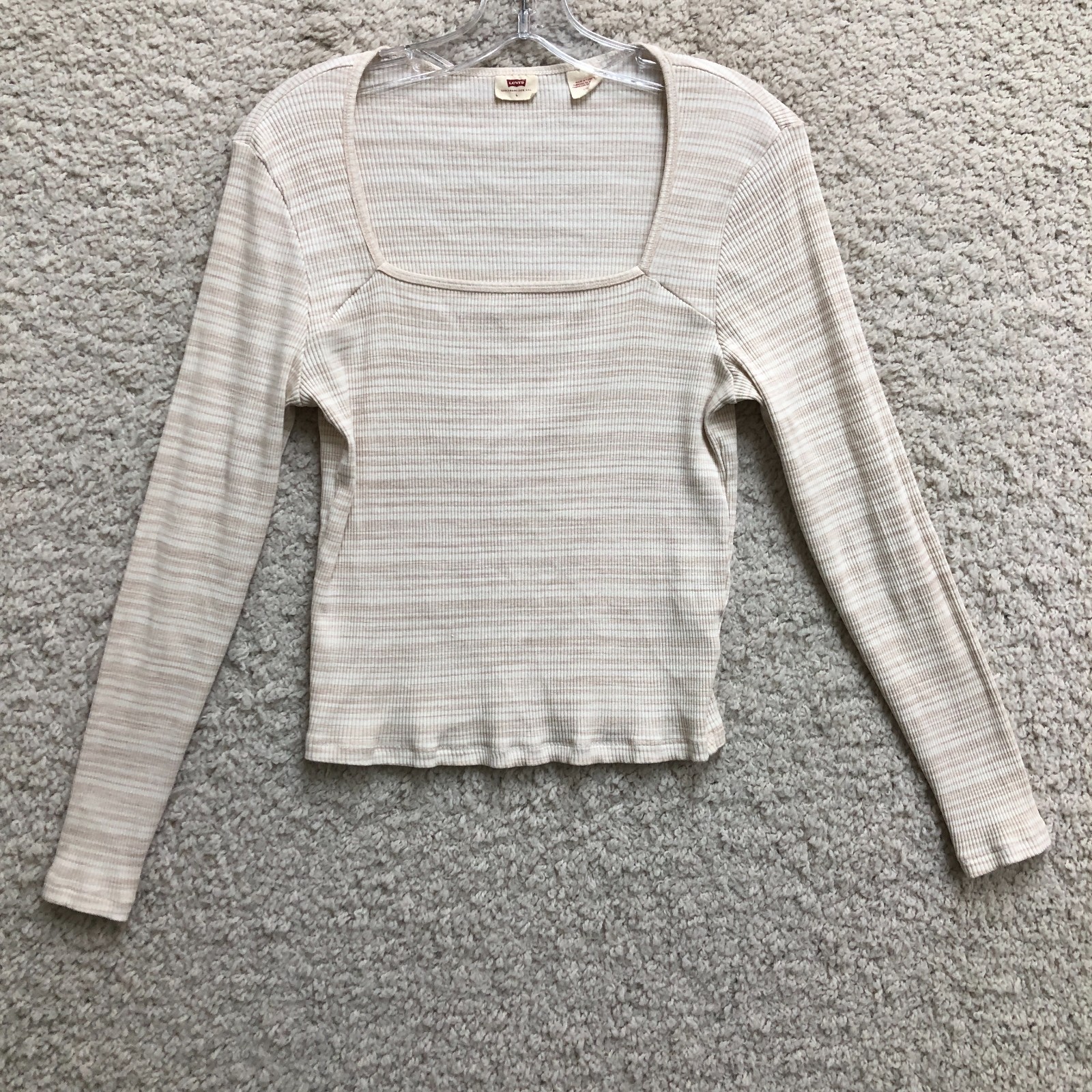 Levis Top Shirt Large Adult Beige Ribbed Knit Striped Square Neck Cropped Womens