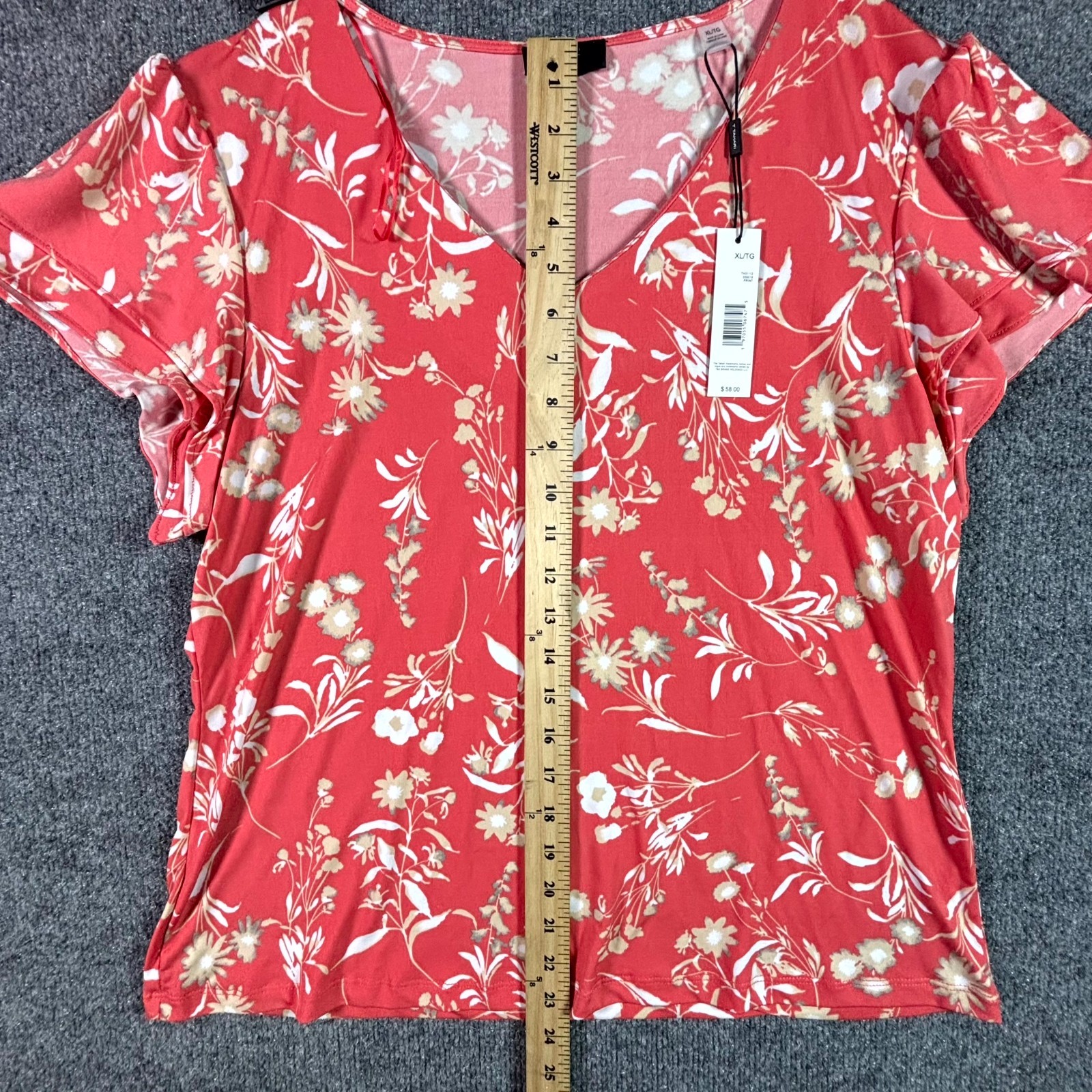 Tahari Blouse Women’s XL Coral Pink Floral Flutter Ruffle Sleeve Summer Top NWT