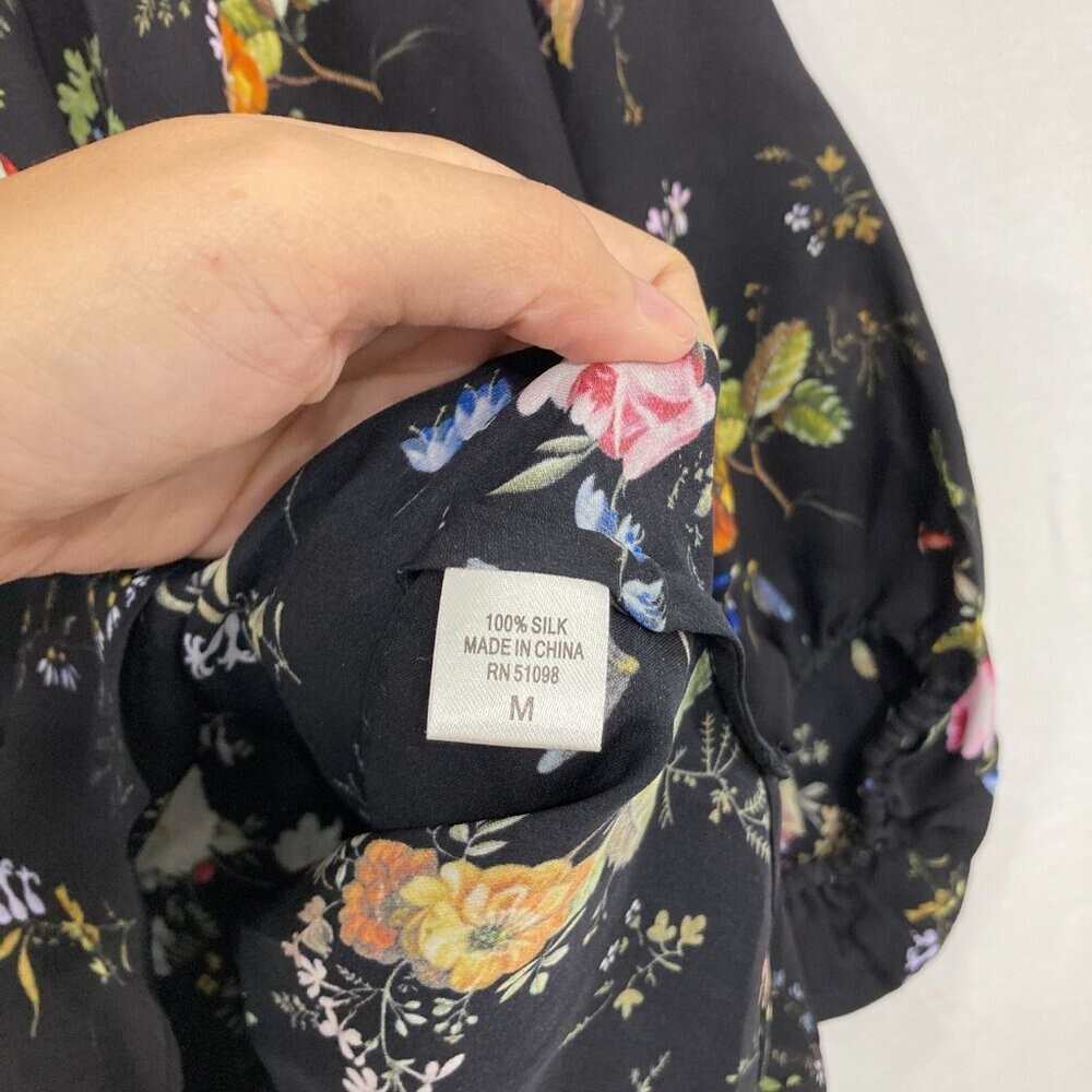 ACROBAT Medium Dark Floral V Neck Dolman Sleeve Pure Silk Blouse Feminine