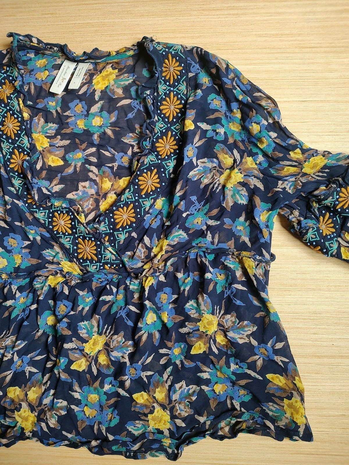 Meadow Rue Anthropologie Strasser Embroidered Blouse Beaded Top S Blue Yellow