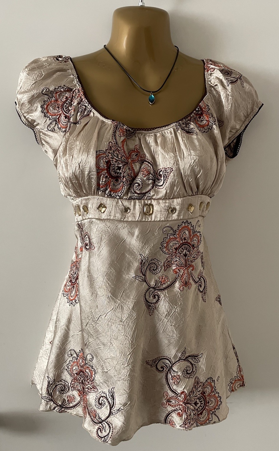 Y2K Heart Soul Floral Embroidered Stone Empire Tie Satin Top L Milk Maid Fairy
