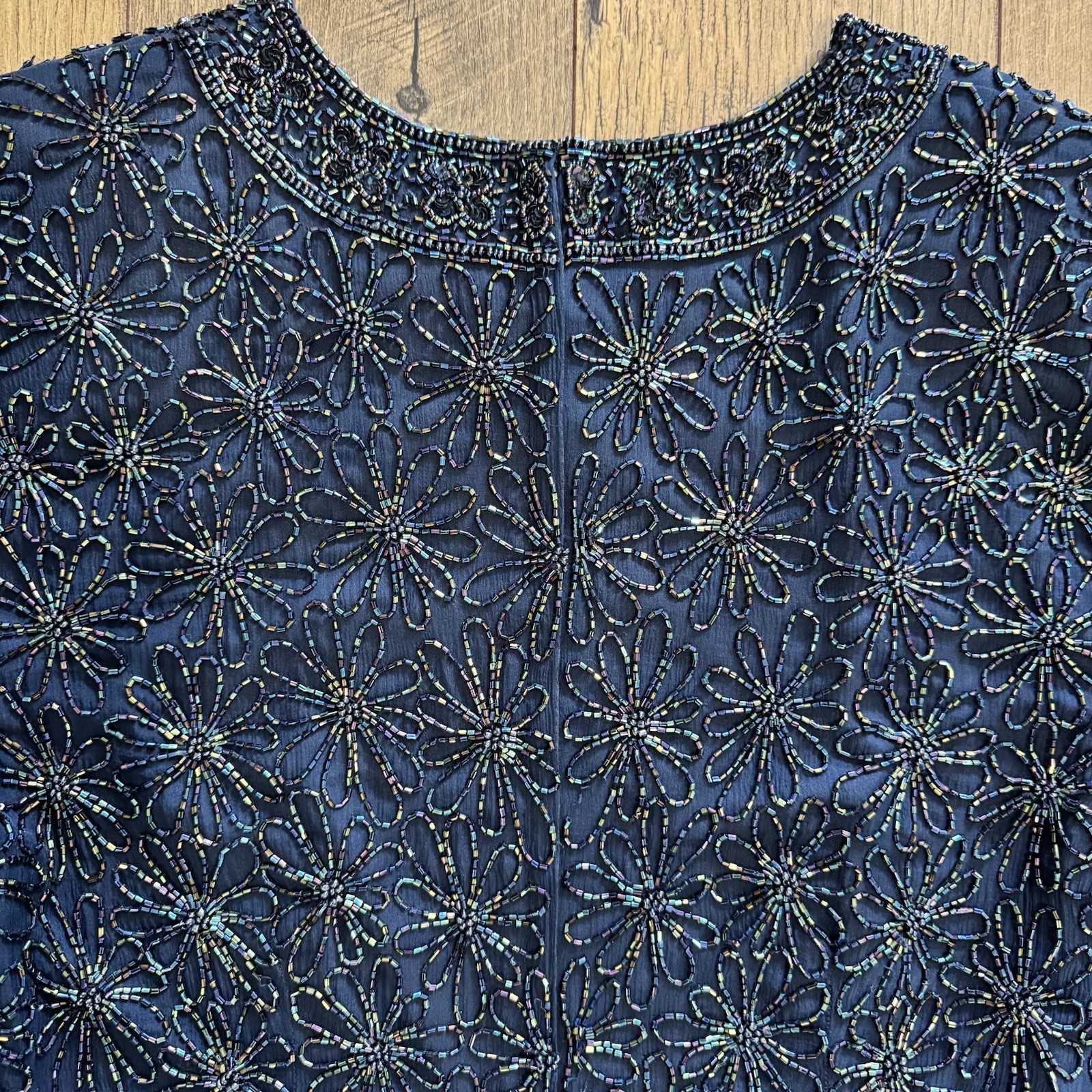 Vintage Papell Occasions Evening Navy Beaded Sparkle Top Blouse Shirt Silk SZ 12