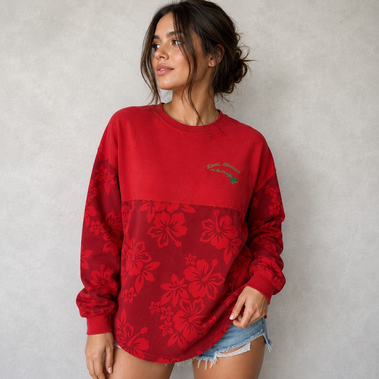 Spirit Jersey Shirt Womens XS Red Kona Hawaii Mele Kalikimaka Floral Christmas