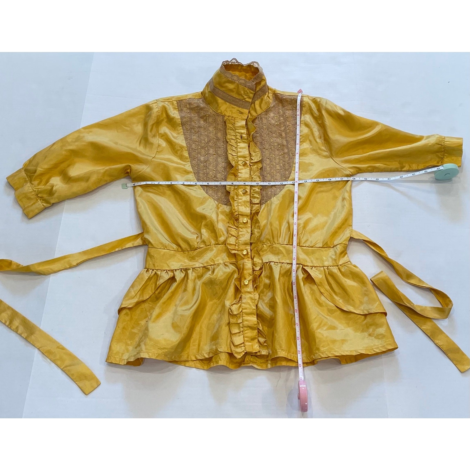 Vintage Galeno Gold Silk Short Sleeve Blouse, Lace, Ruffle, Belt / Tie, Size M