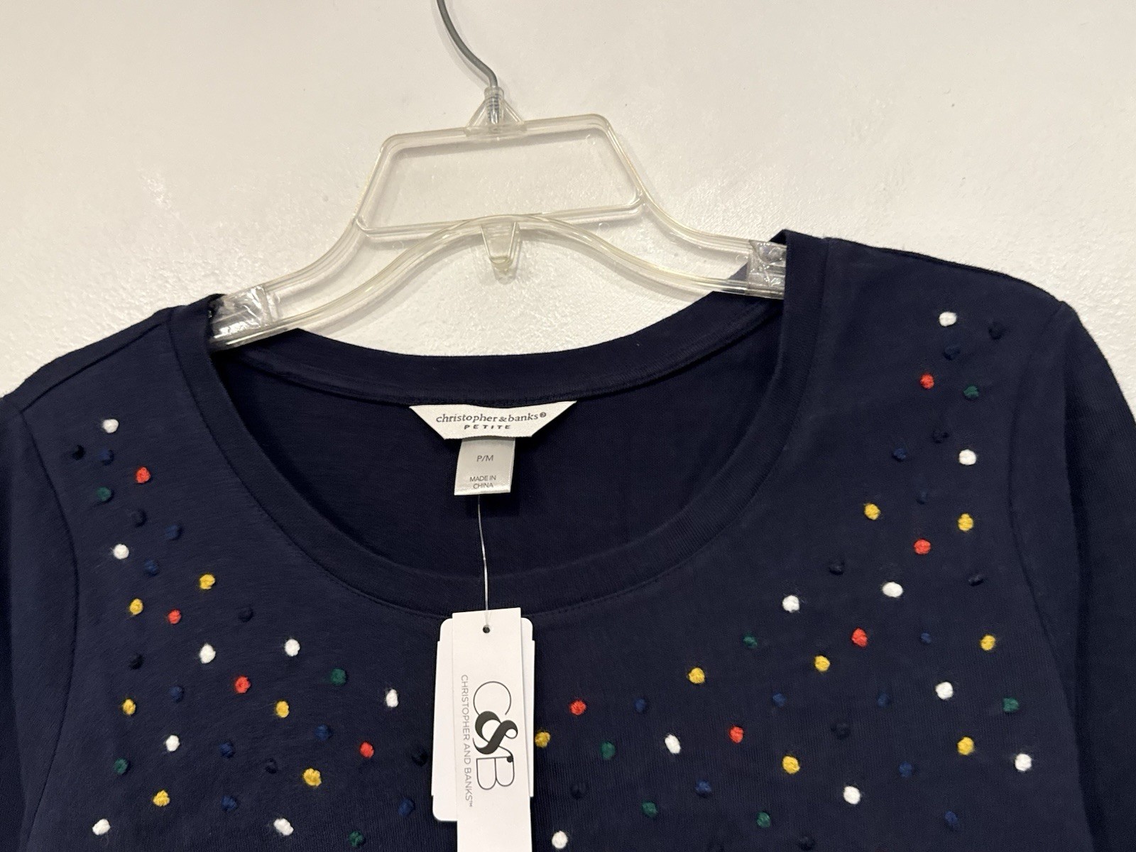 NEW Christopher & Banks Womens Shirt Petite Size Medium PM Navy Stitched Dot Top