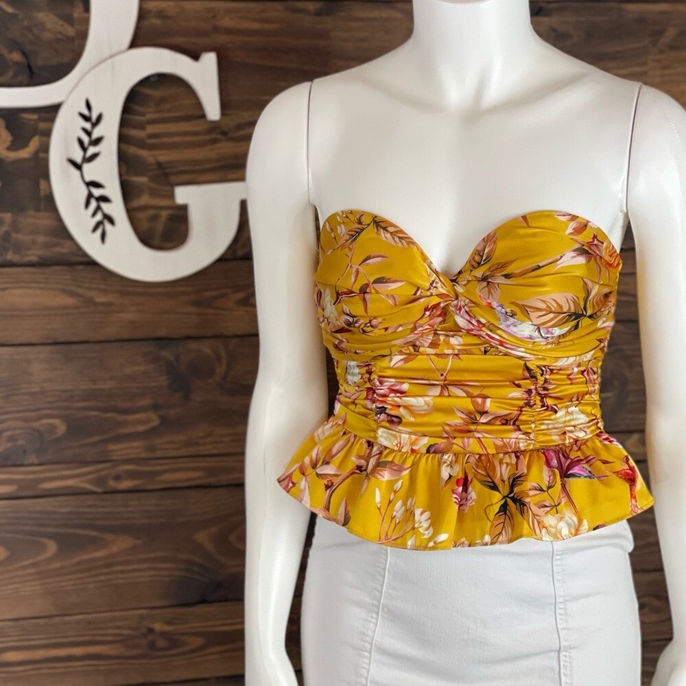 Express | Sweetheart Neck Ruched Tube Top Smocked Tropical Floral Sleeveless