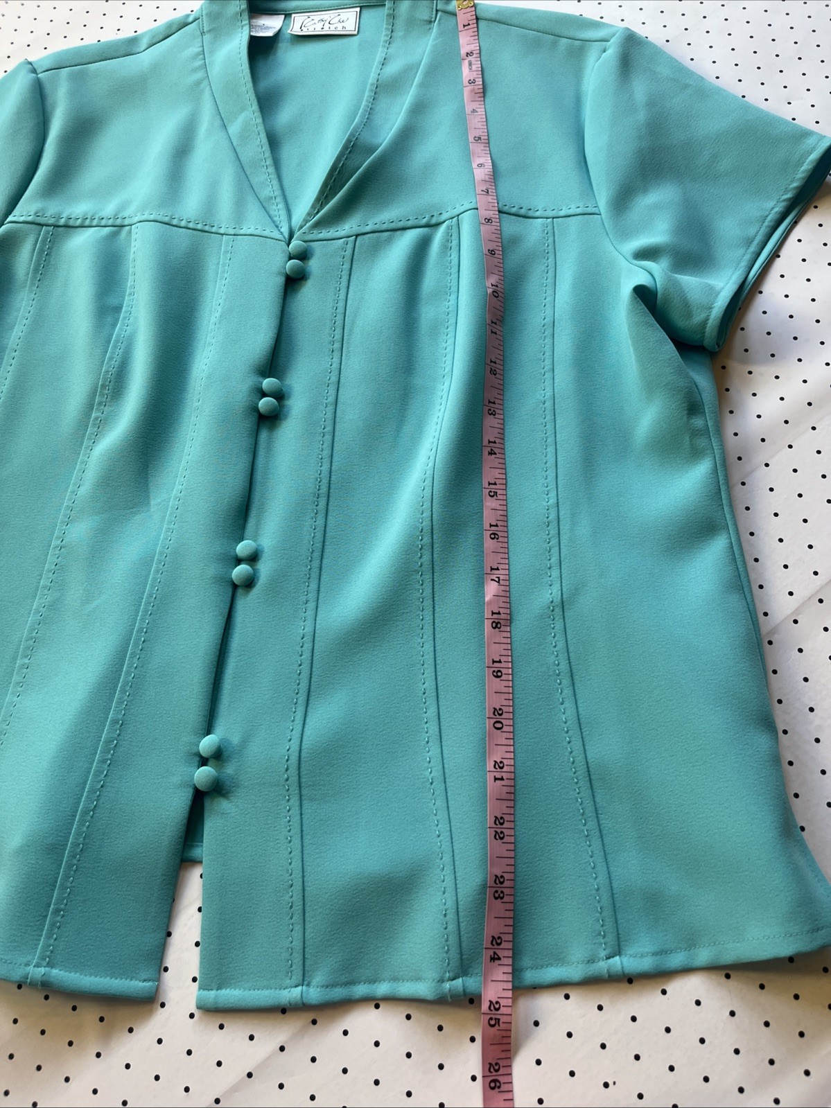 Vintage Turquoise Blouse L Covered Button Front Stretch Career Top Lagoon Blue