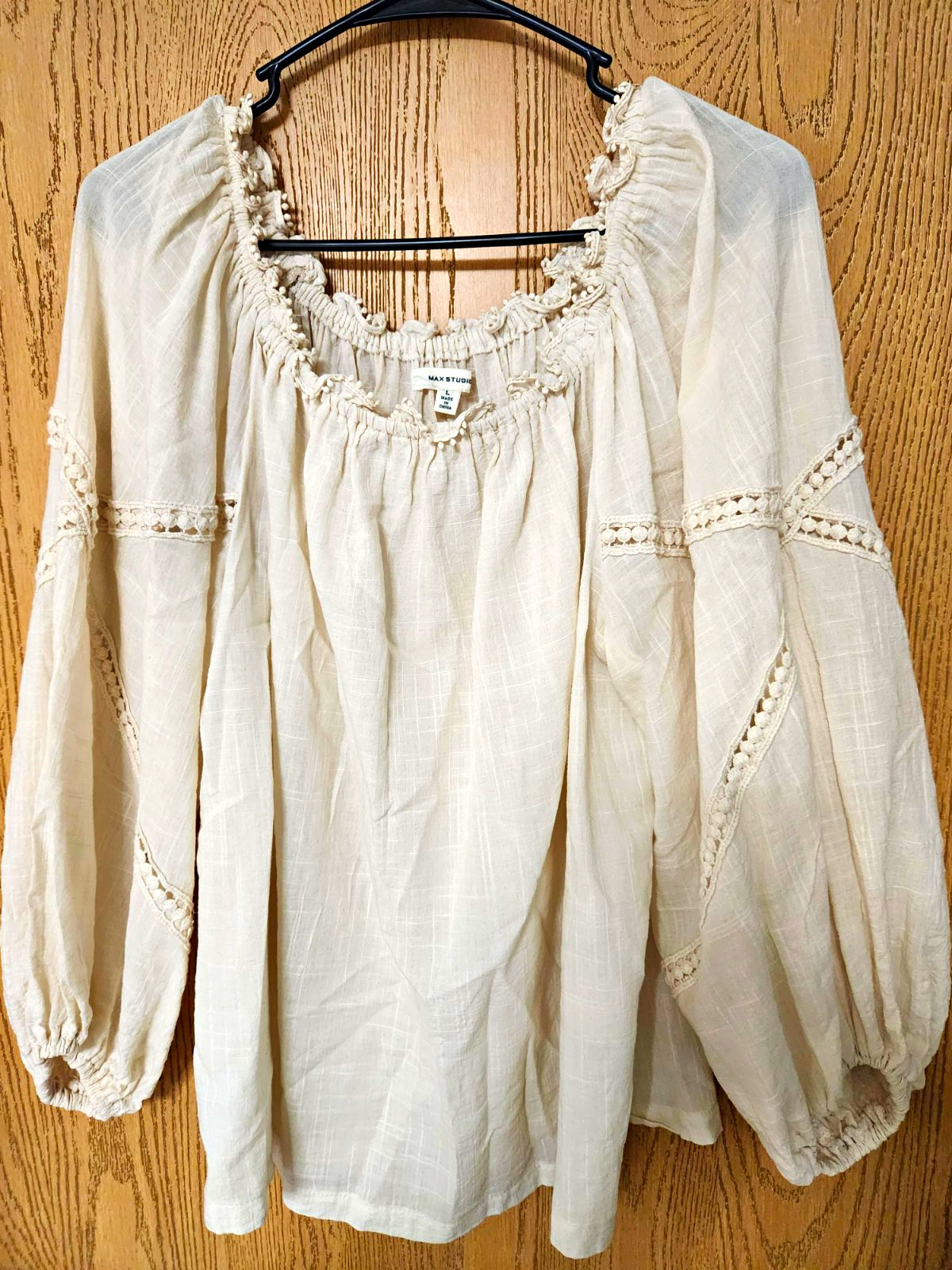Max Studio Ivory Solid Woven Square Neck Peasant Blouse 3/4 Sleeve Crochet L