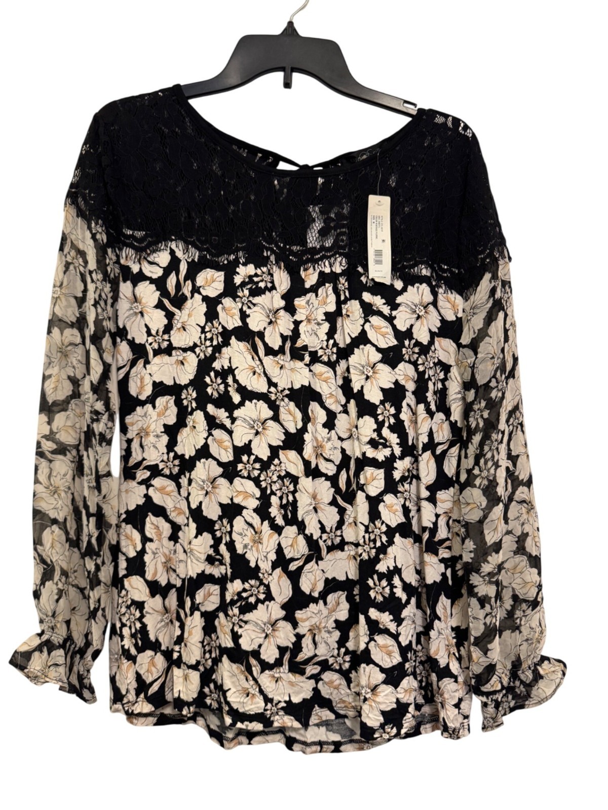 August Silk Womens Medium Vintage Floral Lace Chiffon Blouse Black/White Long Sl