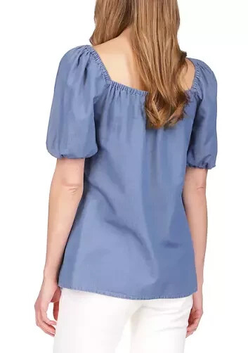 Michael Kors Womens Blue Puff Sleeve Square Chambray Neck Blouse Top Size P/XL