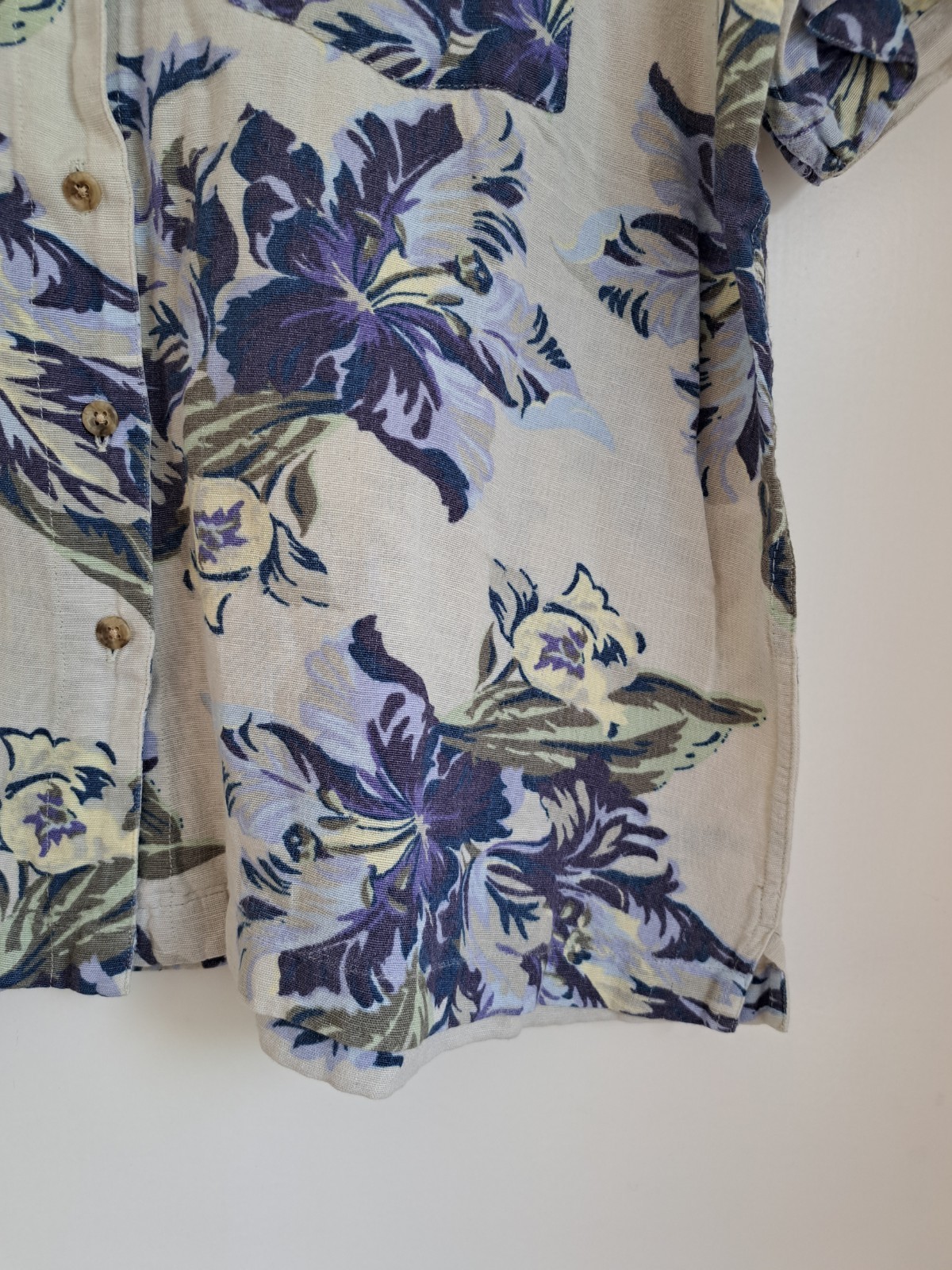 North Crest Floral Blouse Size L Linen Mix Boxy Pocket Slight Stretch