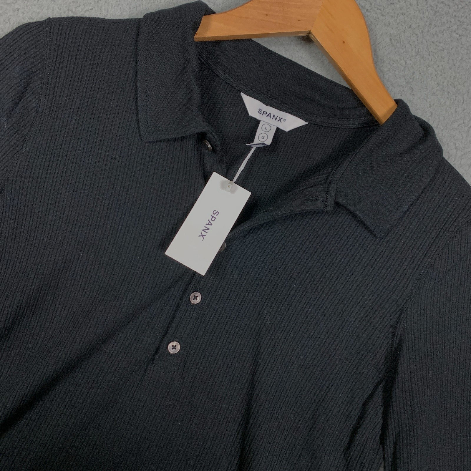 NWT Spanx Polo Top Women’s Large Classic Black Ribbed Short Sleeve Shirt Fitted