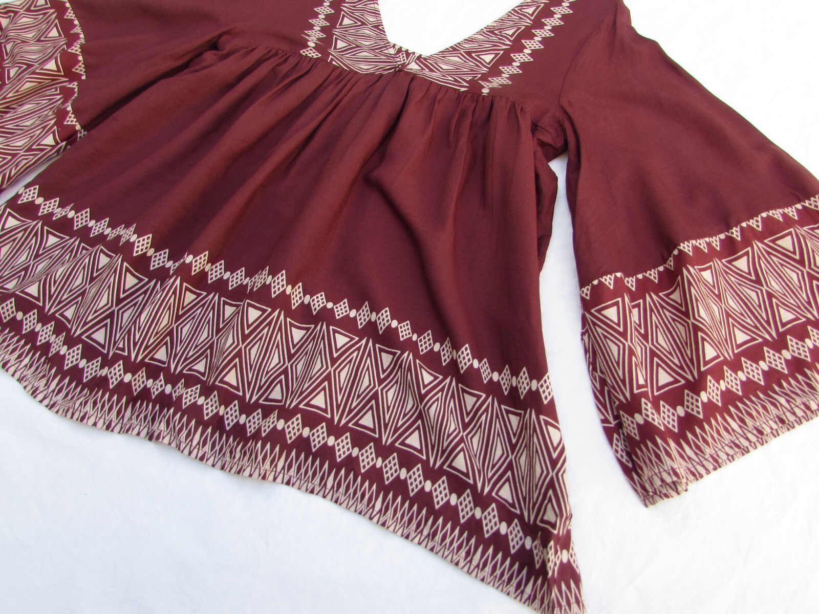 World Market Women’s Top Blouse Kimono Tunic Boho Rayon Print Maroon Size S/M