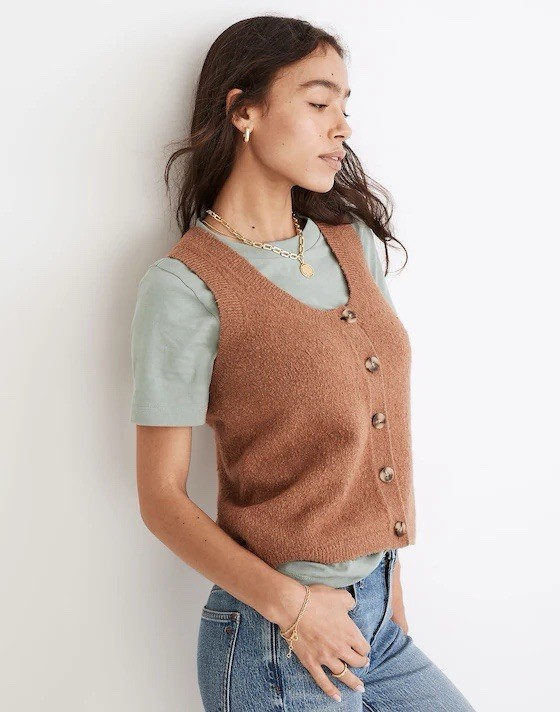 Madewell Kneale Button-Front Sweater Vest in Heather Rosewood Size XS