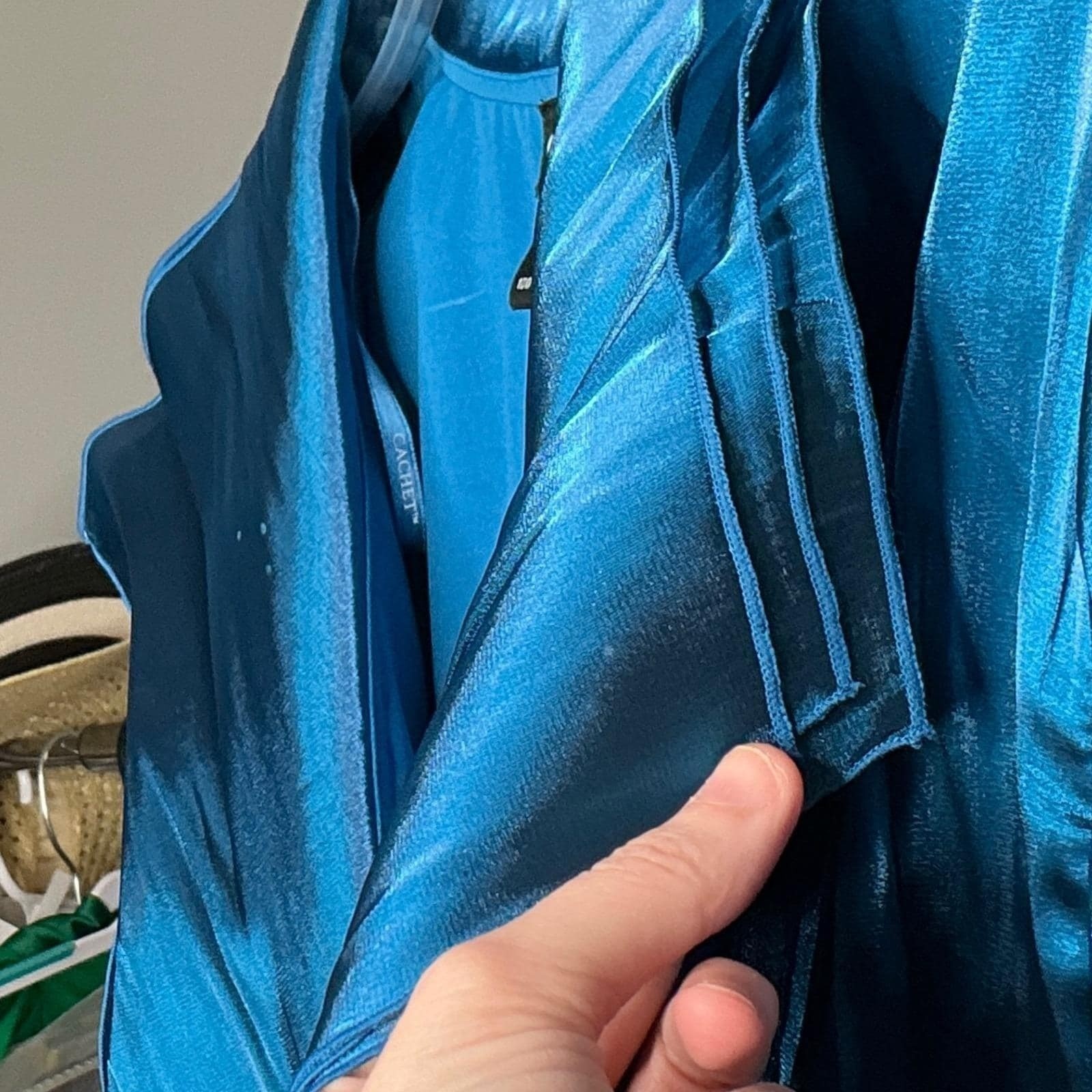 Cachet Blue Teal Satin Surplice Evening Blouse Ruched Waist 3/4 Sleeve Size 14