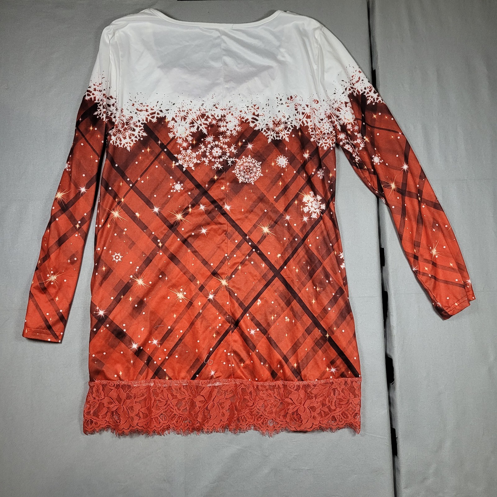 Christmas Holiday Red Blouse Lace Bottom Trim White Snowflakes Women’s Lg