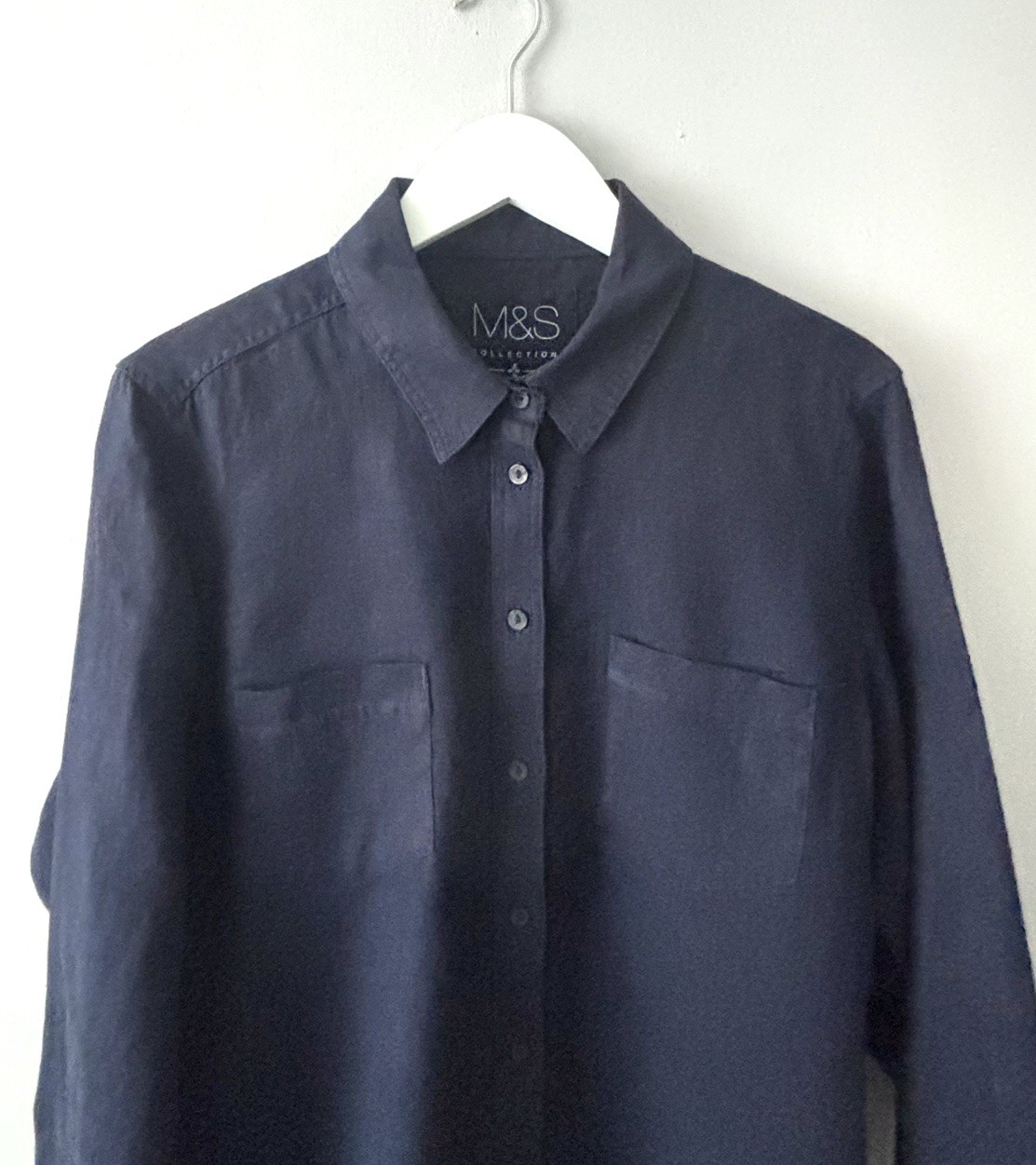 M&S Collection Pure Linen Blouse Shirt Women’s Size UK 14 Navy Roll Tab Sleeve