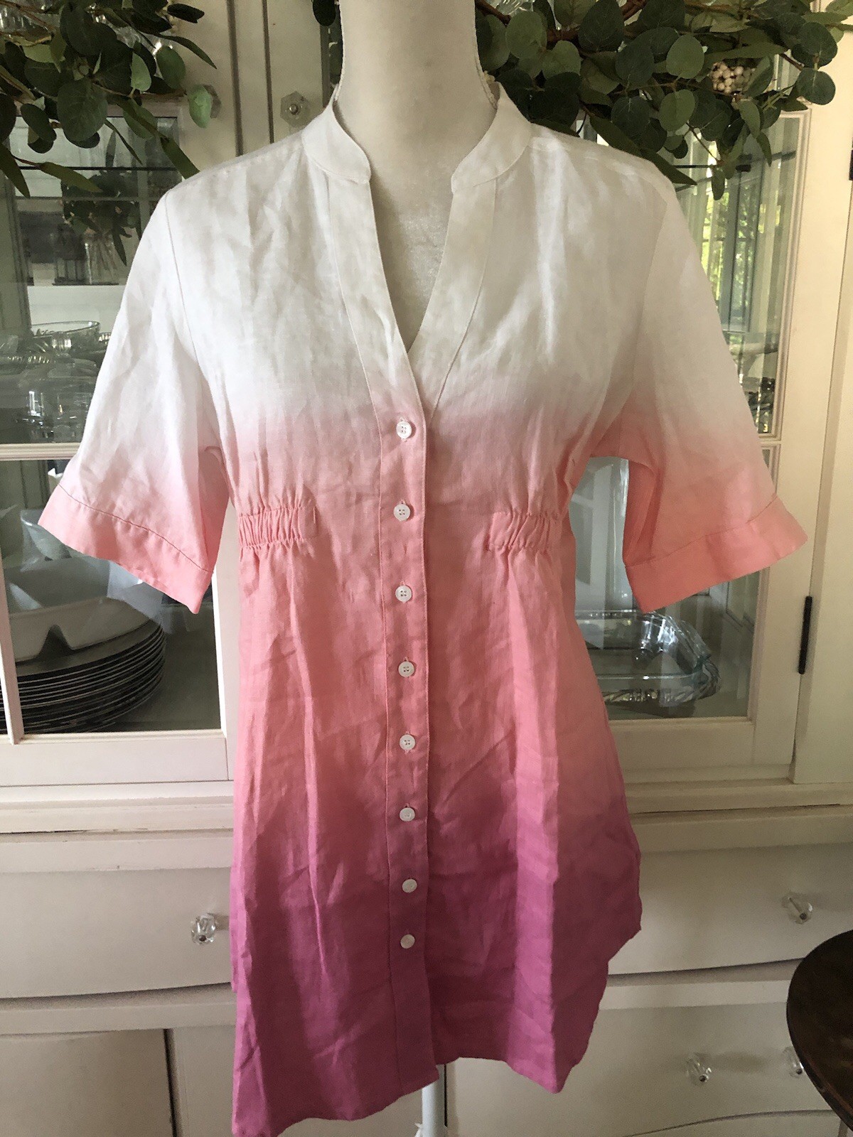 UK In Lines Linen Ombre Tunic Shirt Relaxed Button-Down Pink Sz 42 10-12