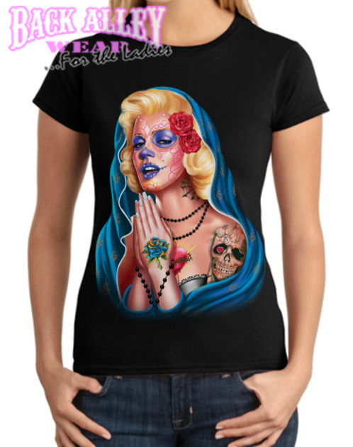 Marilyn Monroe de Guadalupe Ladies JUNIORS T-Shirt S-3XL ~ Sugar Skull Muertos
