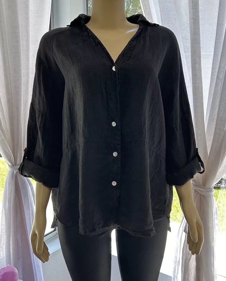 Meo Meli Black Linen Tunic Top One Size Roll Tab Sleeve Button Up Shirt