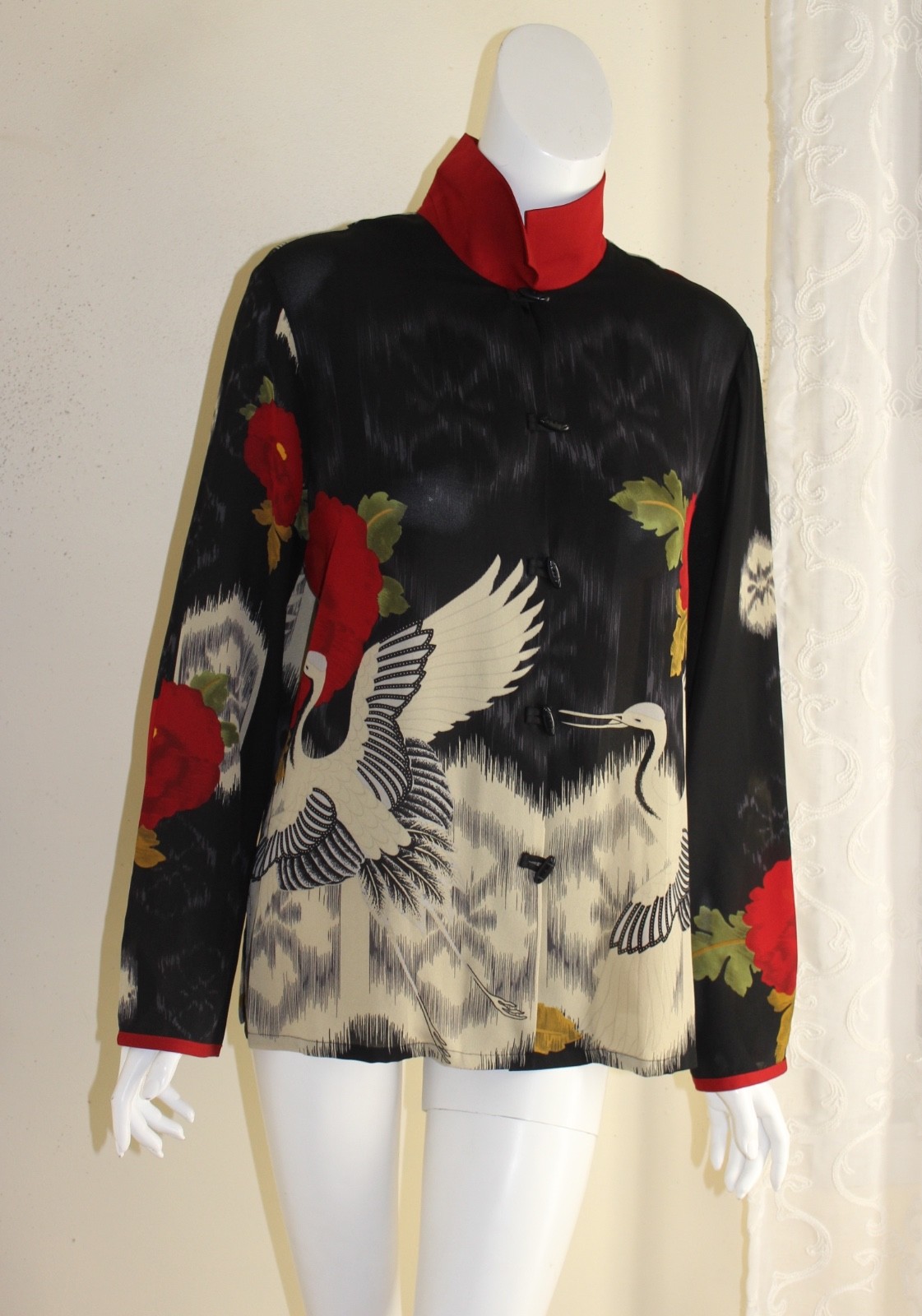 Harari Sz M Elegant Asian Amazing Art-to-Wear Crane Blouse Shirt Top