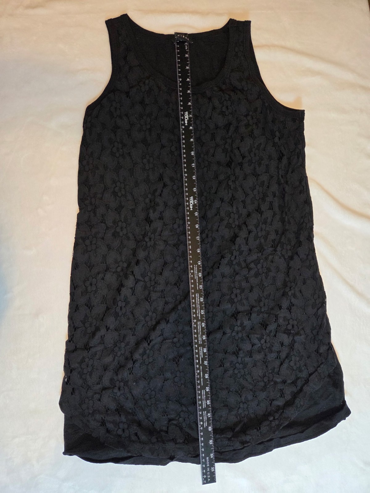 020-Tribal Women Large Black Floral Lace Sleeveless Tunic Tank Top L Boho Casual