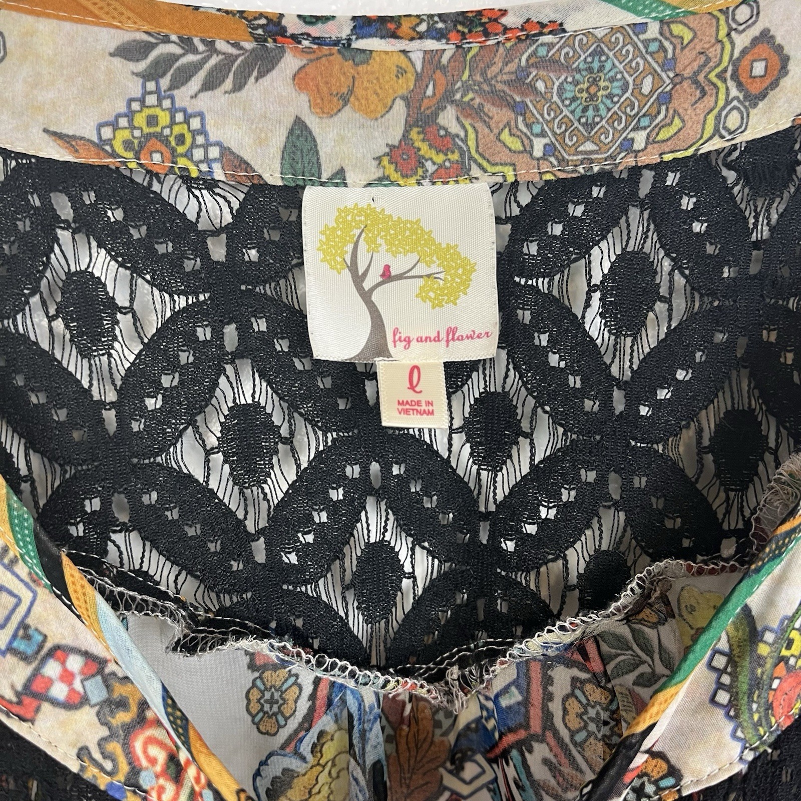 Fig and Flower Women’s Semi Sheer Multicolor Floral Blouse Peasant Size Large