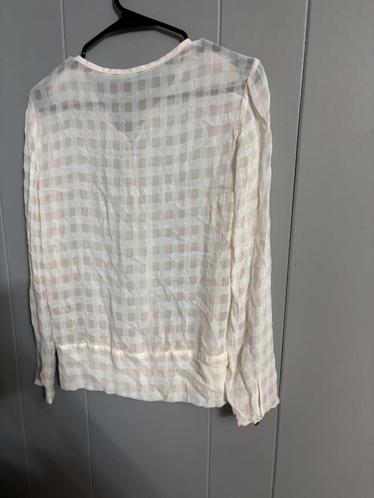 Massimo Dutti Women’s White/Beige Check V-Neck Long Sleeve Blouse Size 4