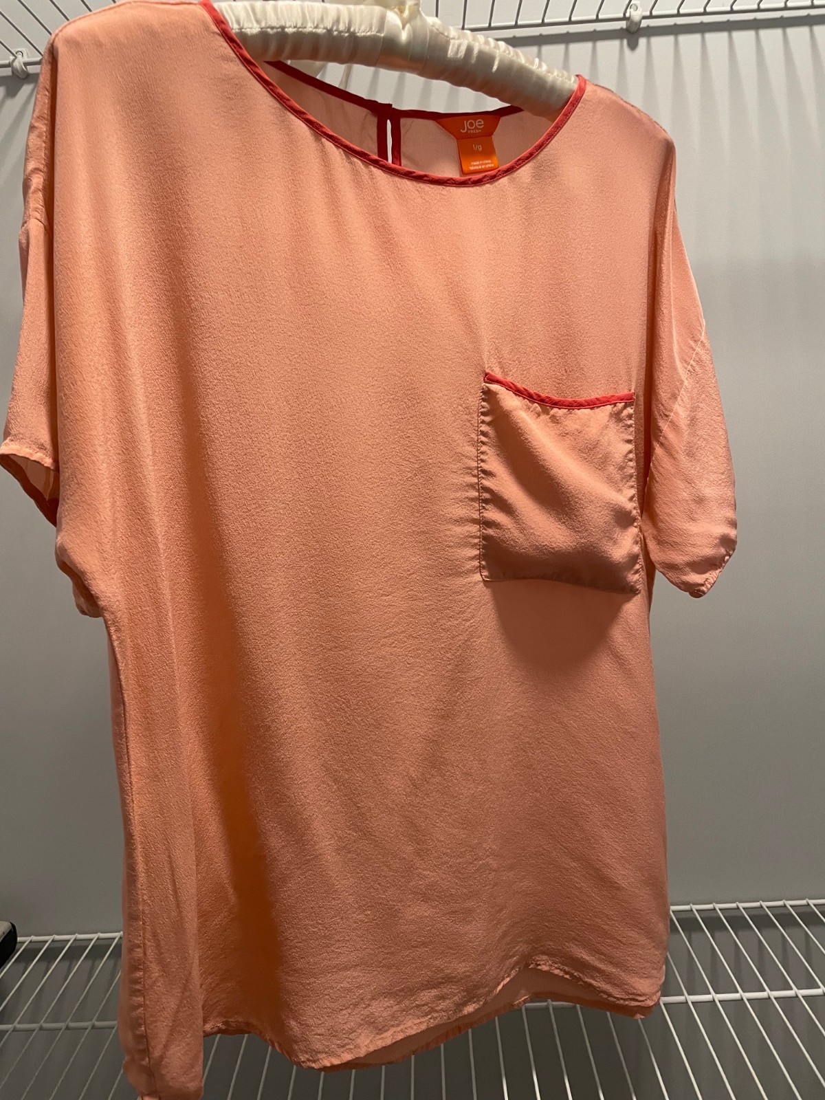 Joe Fresh Womens Peach Pink Short Sleeve Blouse Top Pocket L Large Lightweight