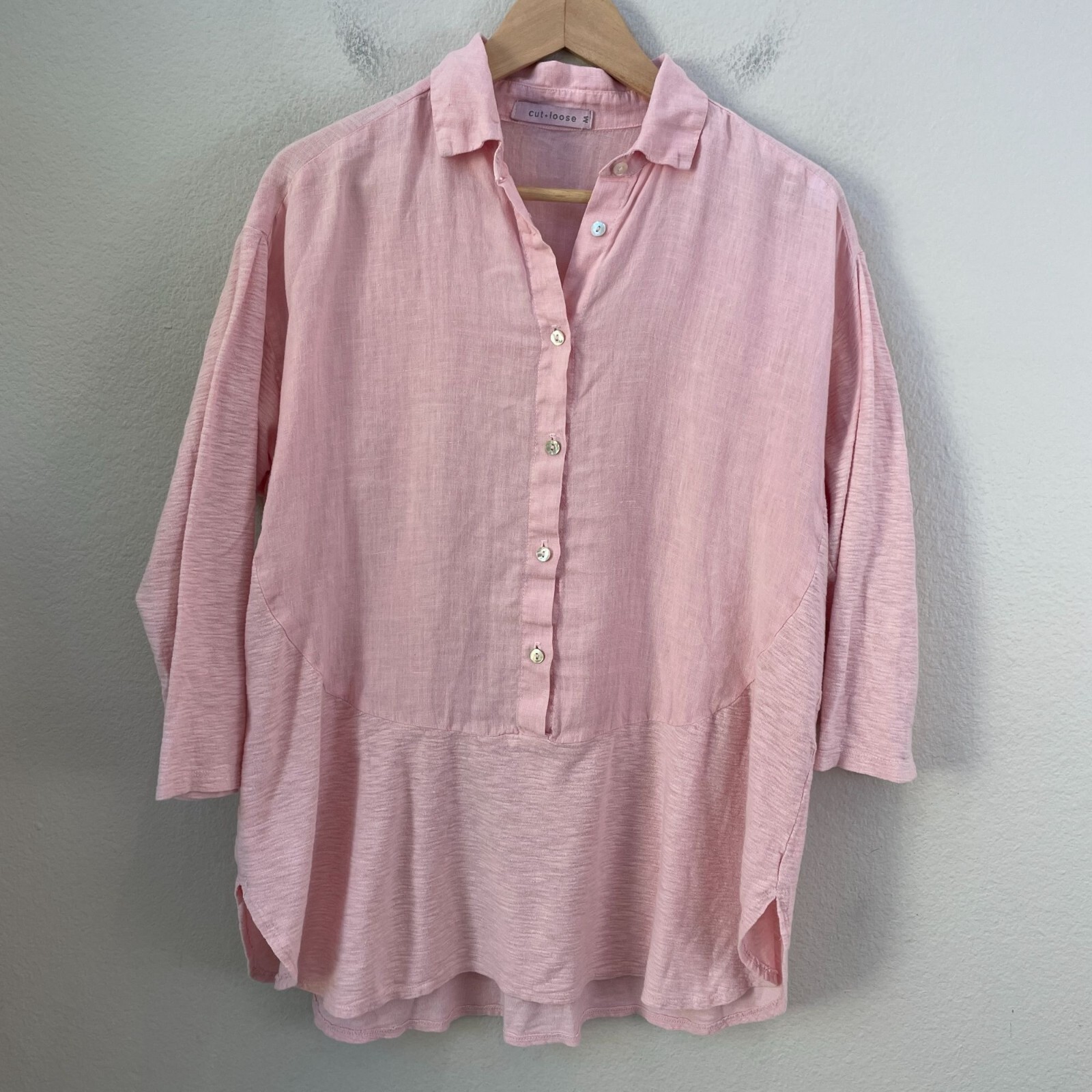 Cut Loose Womens Medium Linen Cotton Blend Button Up Top Pink 3/4 Sleeve