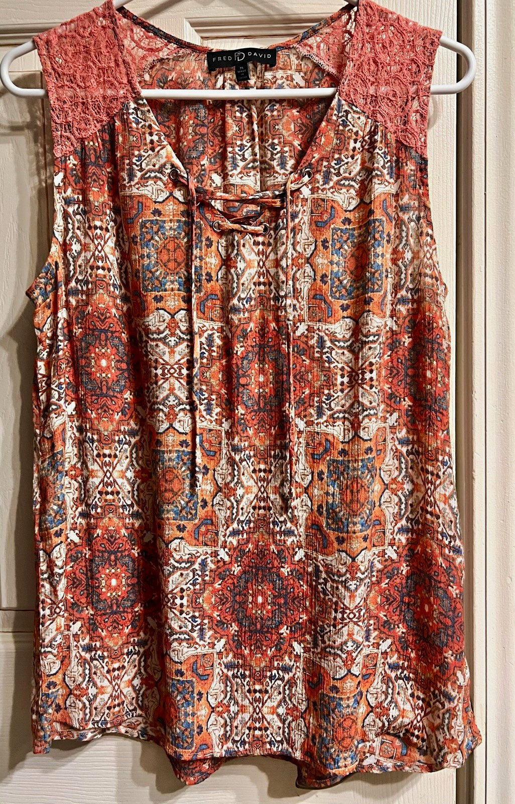 Fred David XL Coral Blue Boho Medallion Print Lace Yoke Tie Lace-Up Blouse EUC