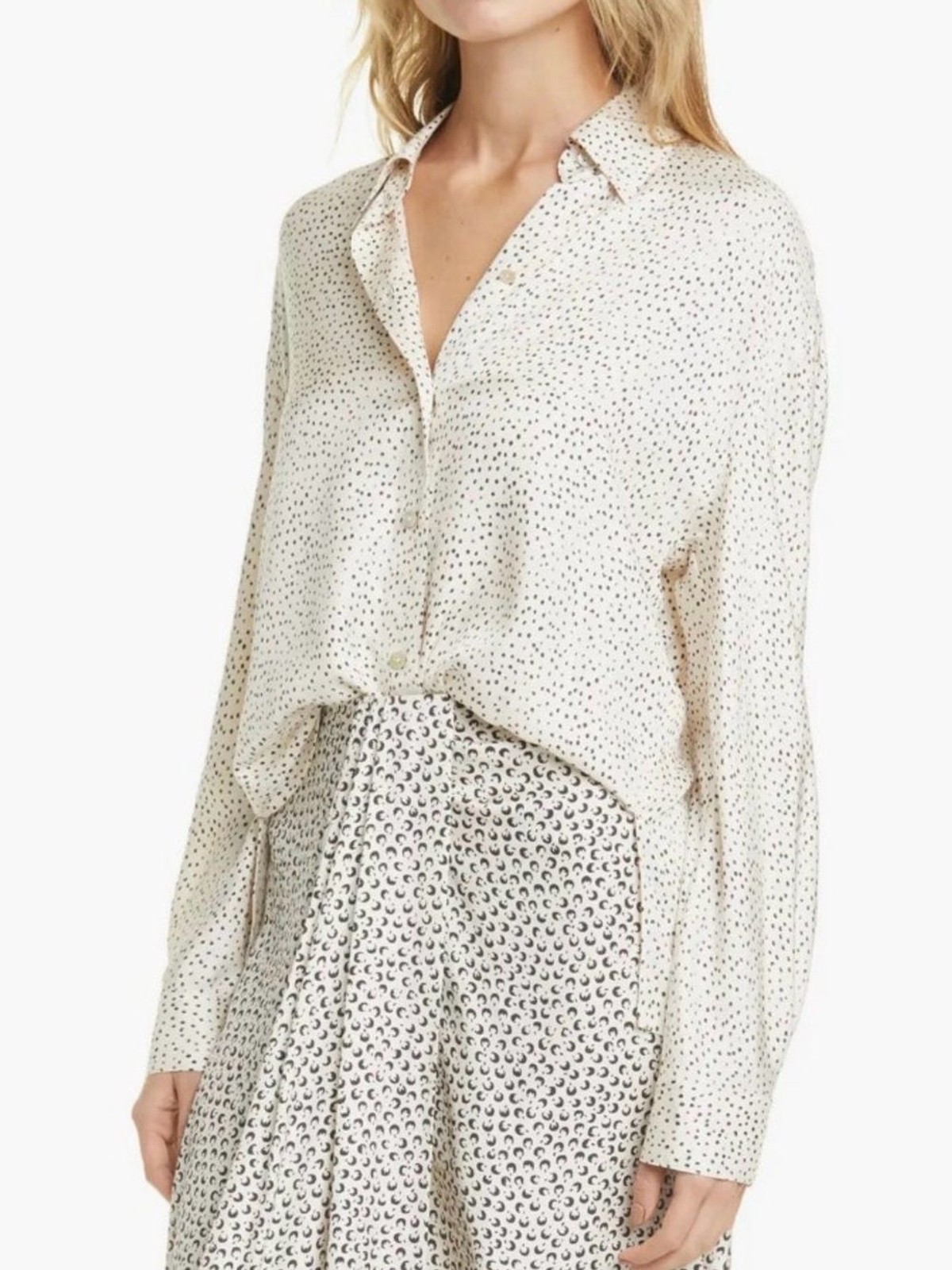Vince Cream Button-Down Shirt with Black Dot Print Silk rayon size XL