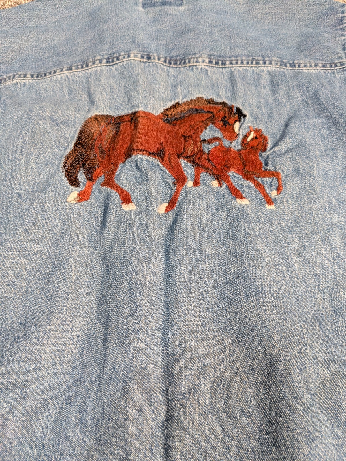 Vintage 90s Embroidered Denim Button Up Shirt Horse Boots Cowboy Western Large