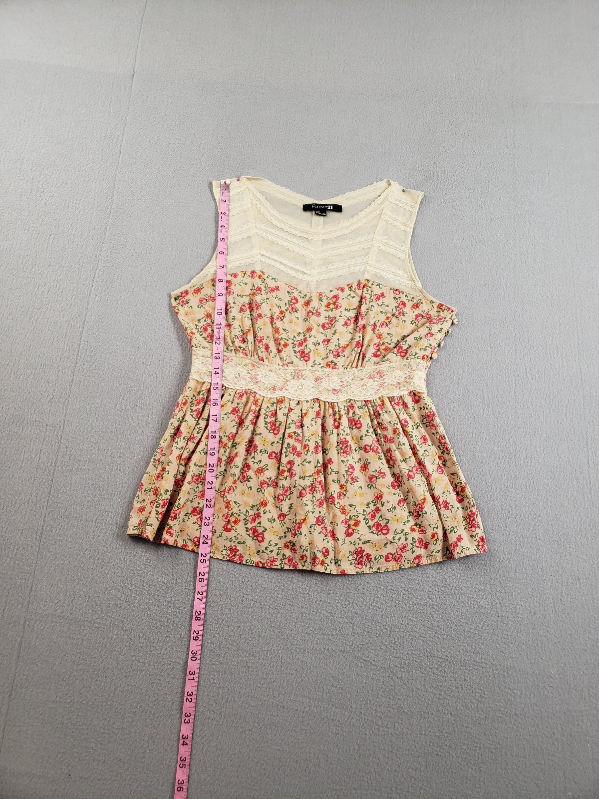 Forever 21 Women Tank Top L Multicolor Floral Lace Pleated Ruffle Hem Party