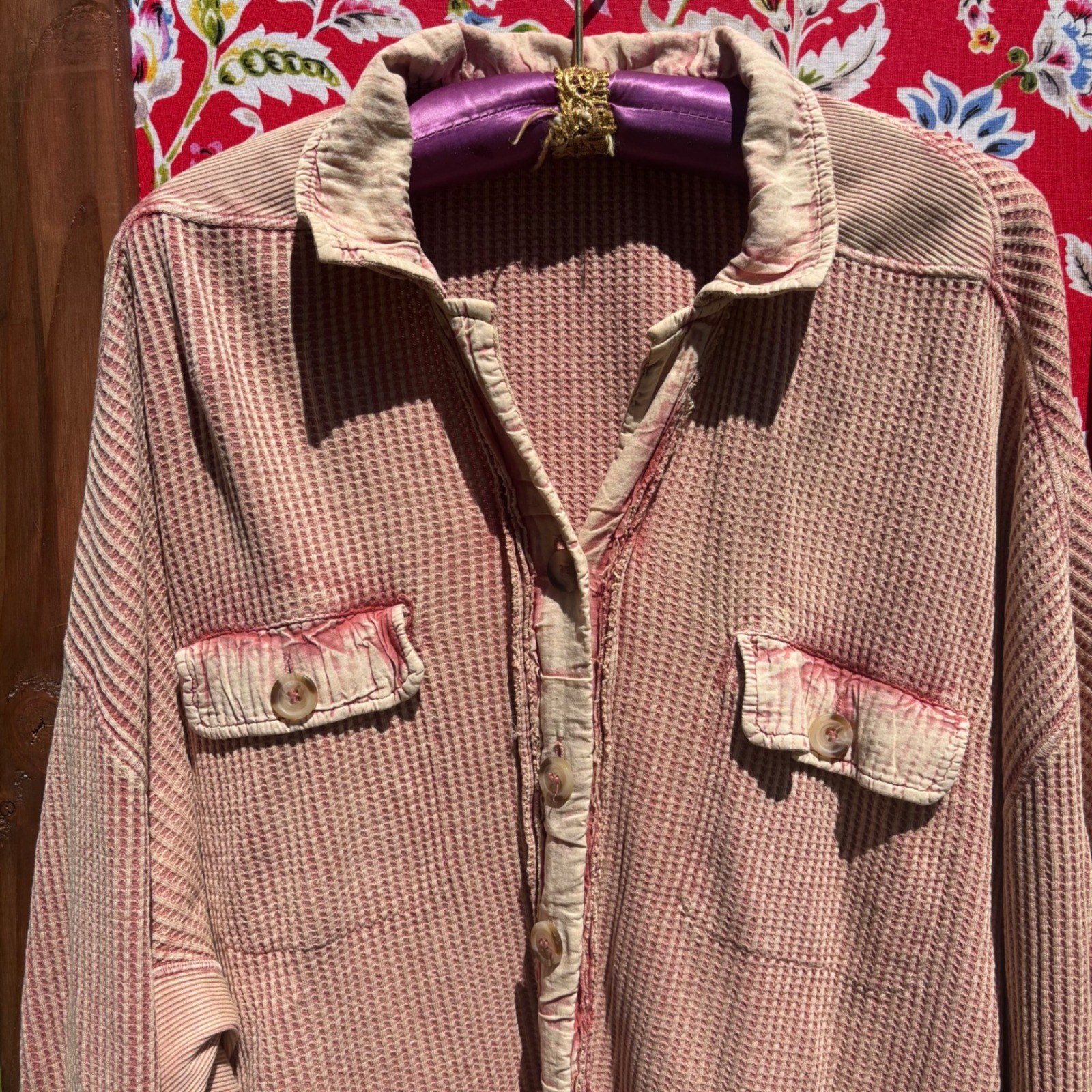 Free People FP One Scout Jacket Salmon Oversized Waffle Knit Thermal Top Size S