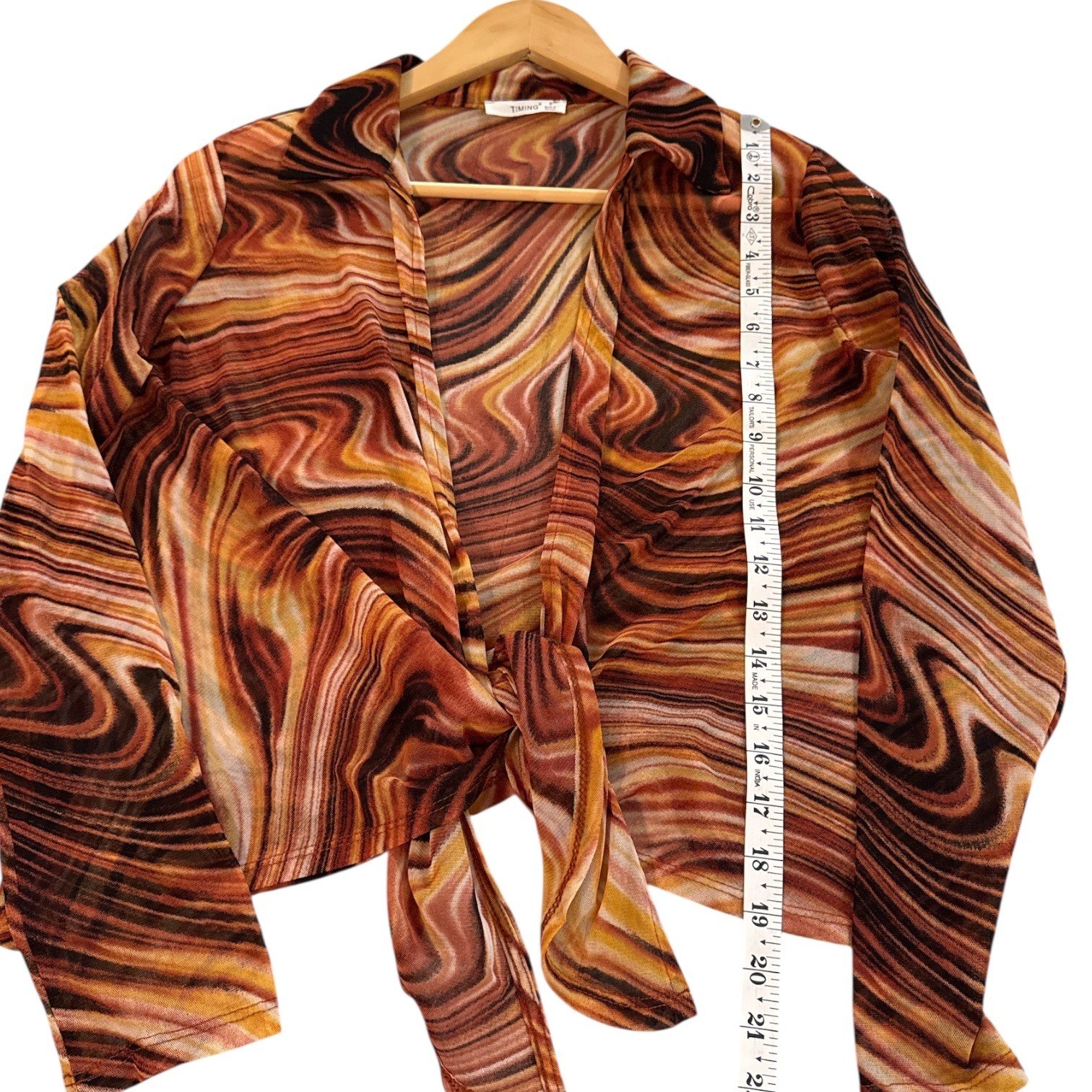 Timing Mesh Tie Front Marble Print Top Sz S Groovy Retro Festival Boho