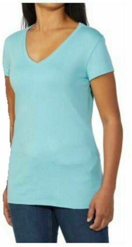 NWT Kirkland Women’s Cotton V-Neck Semi Fit Tee Shirts Size S ,Blue/Grey