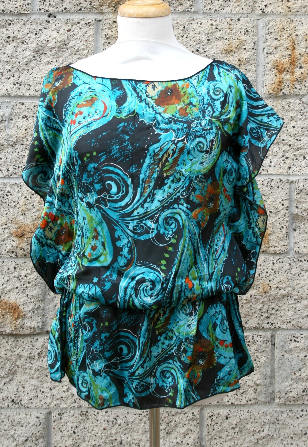 Poncho chiffon top,boat neck,elastic at hip,size M,handmade,bikini covor
